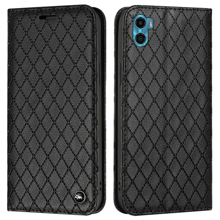 Pour Motorola Moto E22s 4G Litchi Texture PU Leather RFID Blocking Phone Stand Cover Rhombus Rossing Full Endroped Phone Phone Wallet Case - le Noir