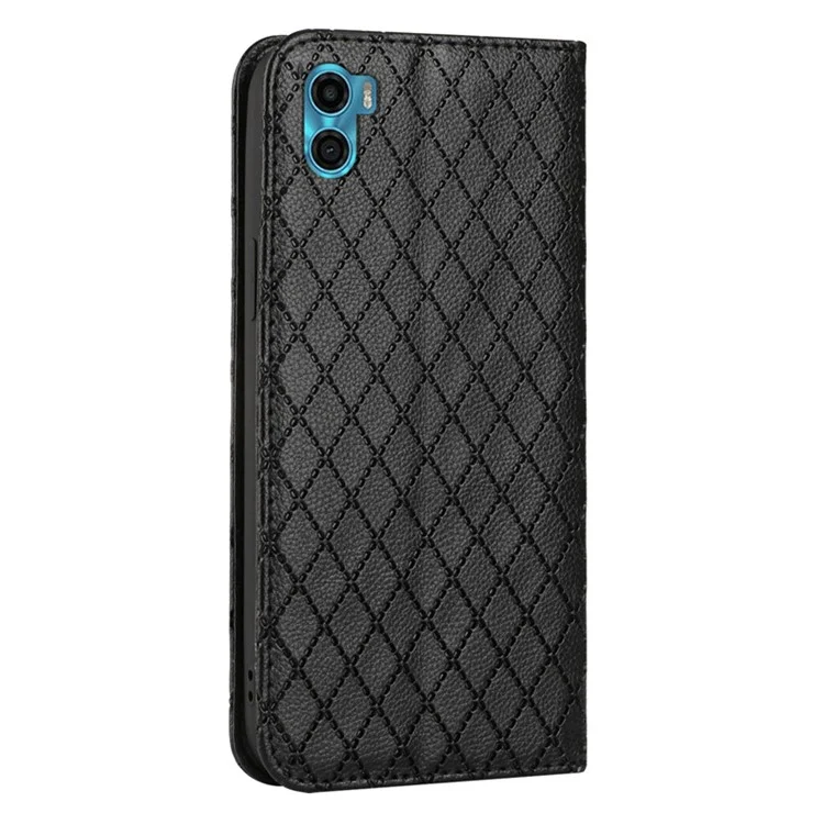 Pour Motorola Moto E22s 4G Litchi Texture PU Leather RFID Blocking Phone Stand Cover Rhombus Rossing Full Endroped Phone Phone Wallet Case - le Noir