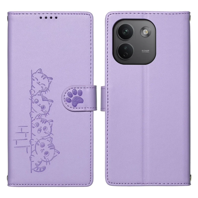For Xiaomi Redmi Note 17 Pro Max 5G Case Adorable Cat Pattern PU Leather Wallet Phone Cover with Wrist Strap - Purple