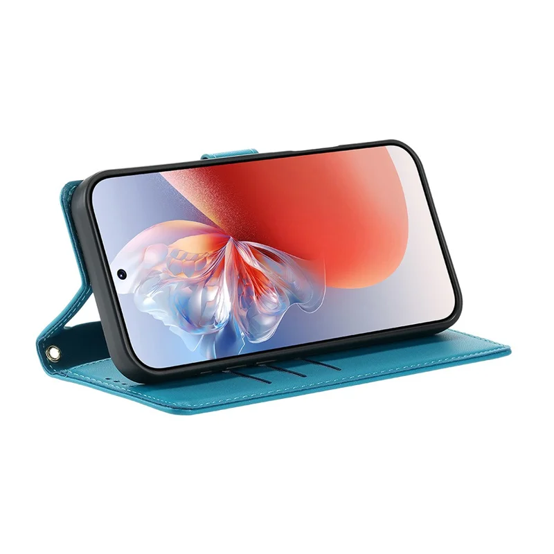 For Xiaomi Poco C95 Pro Case Adorable Cat Pattern PU Leather Wallet Phone Cover with Wrist Strap - Blue