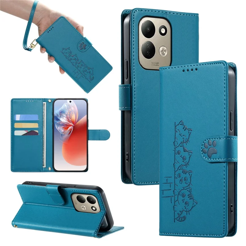 For Xiaomi Poco C95 Pro Case Adorable Cat Pattern PU Leather Wallet Phone Cover with Wrist Strap - Blue