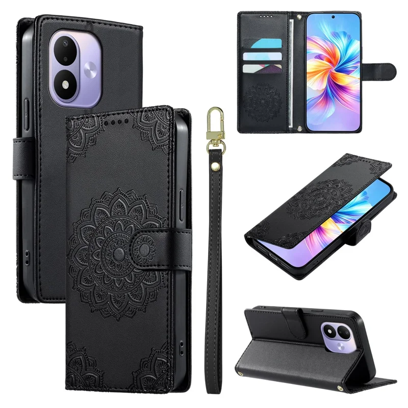 For Xiaomi Redmi Note 17 4G (Global) / Note 17 5G (Global) / Note 17 (India / China) 5G Case Embossed Totem Leather Flip Wallet Phone Cover with Wrist Strap - Black