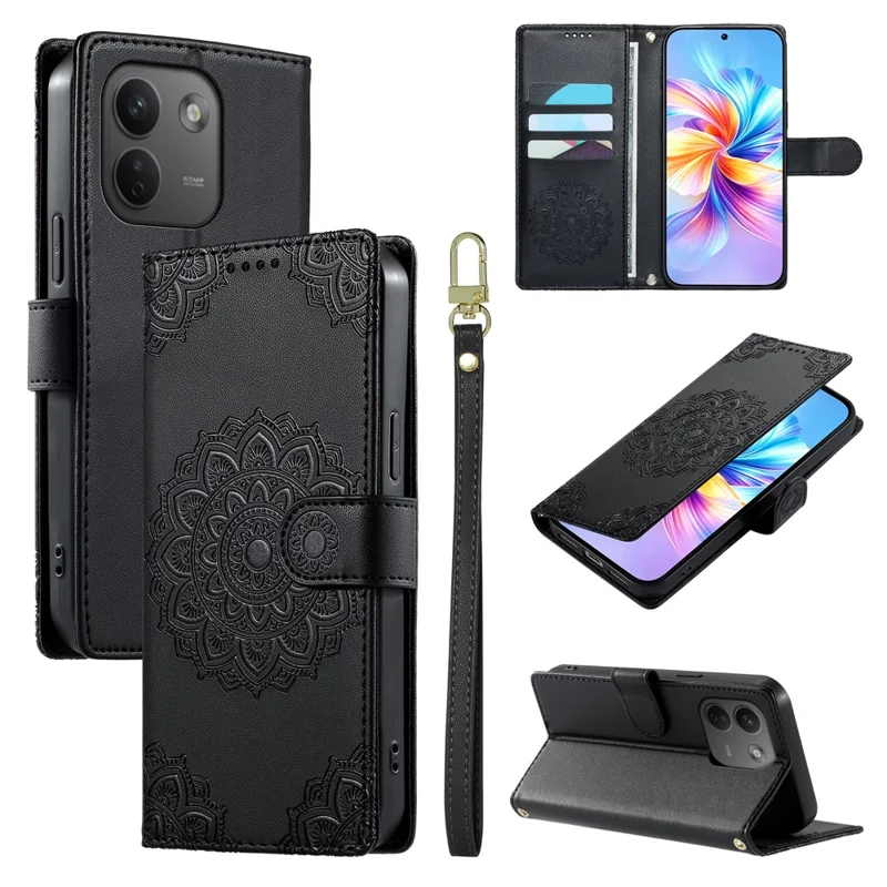 For Xiaomi Redmi Note 17 Pro Max 5G Case Embossed Totem Leather Flip Wallet Phone Cover with Wrist Strap - Black