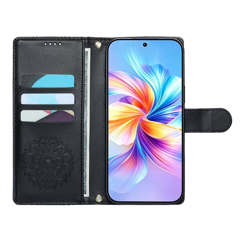 For Xiaomi Poco C95 Pro Case Embossed Totem Leather Flip Wallet Phone Cover with Wrist Strap - Black