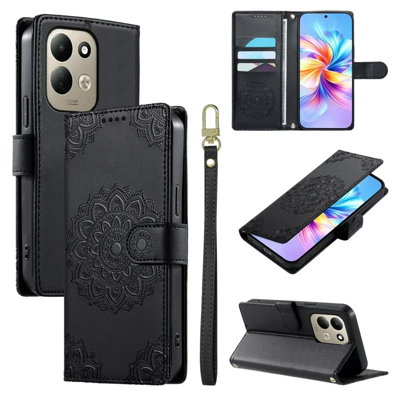 For Xiaomi Poco C95 Pro Case Embossed Totem Leather Flip Wallet Phone Cover with Wrist Strap - Black