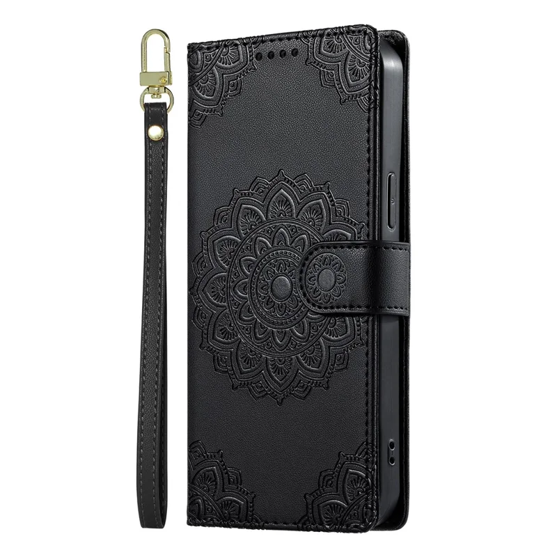 For Xiaomi Poco C95 Pro Case Embossed Totem Leather Flip Wallet Phone Cover with Wrist Strap - Black