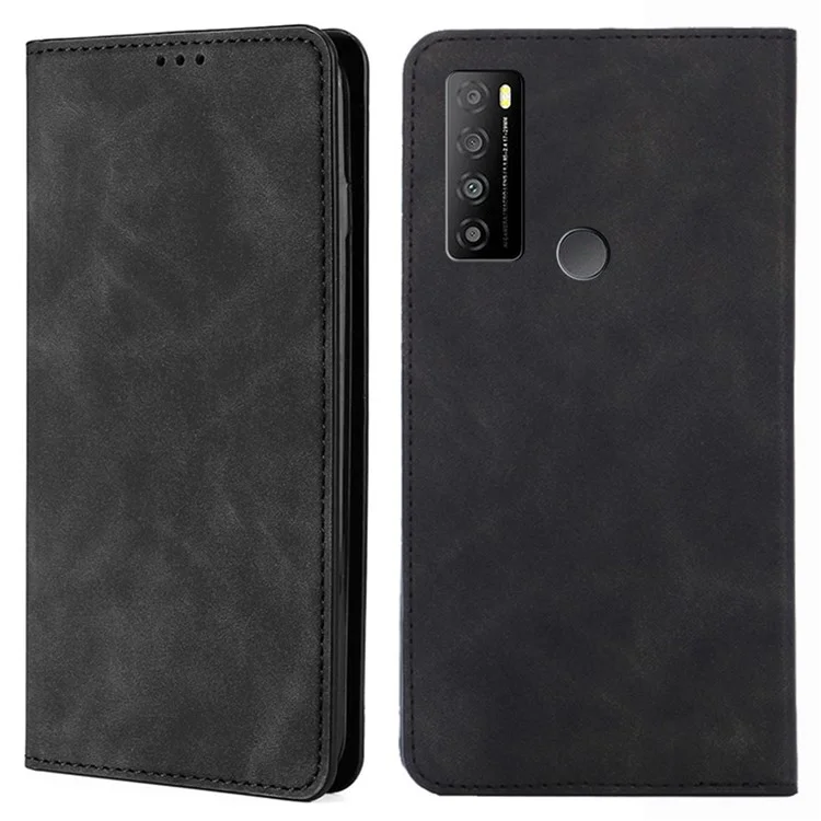 Para TCL 30 XL PU Tarjeta de Cuero Ranura Case de Teléfono Touch de Piel Tapa de Absorción Magnética Flip Cubierta - Negro