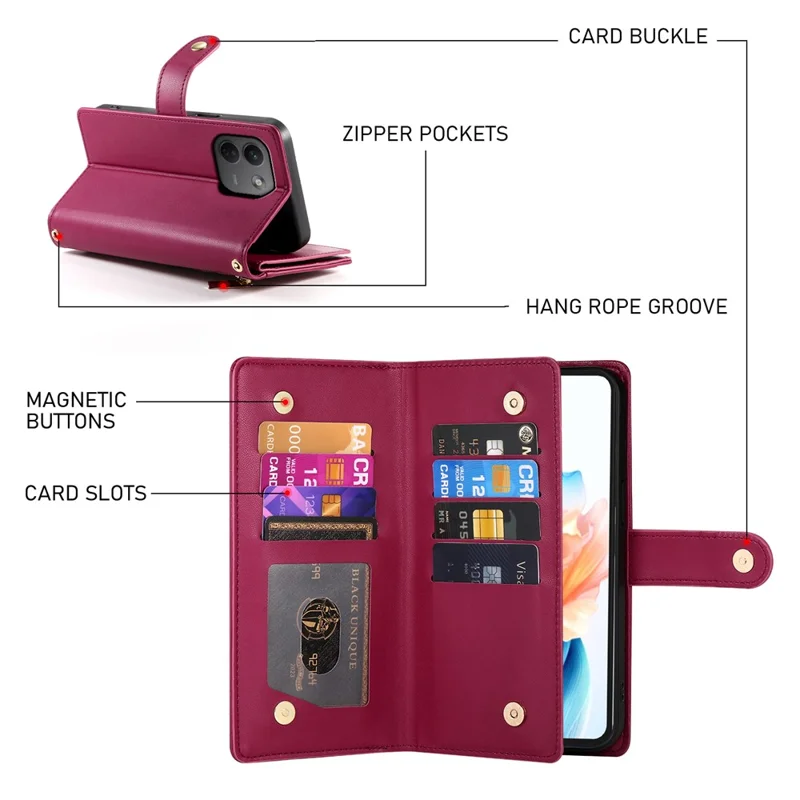 For Xiaomi Redmi Note 17 Pro Max 5G Leather Case Zipper Pocket Wallet Phone Cover with Straps - Red