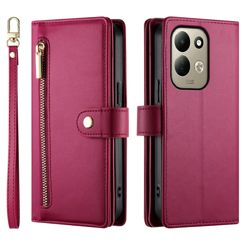 For Xiaomi Poco C95 Pro Leather Case Zipper Pocket Wallet Phone Cover with Straps - Red