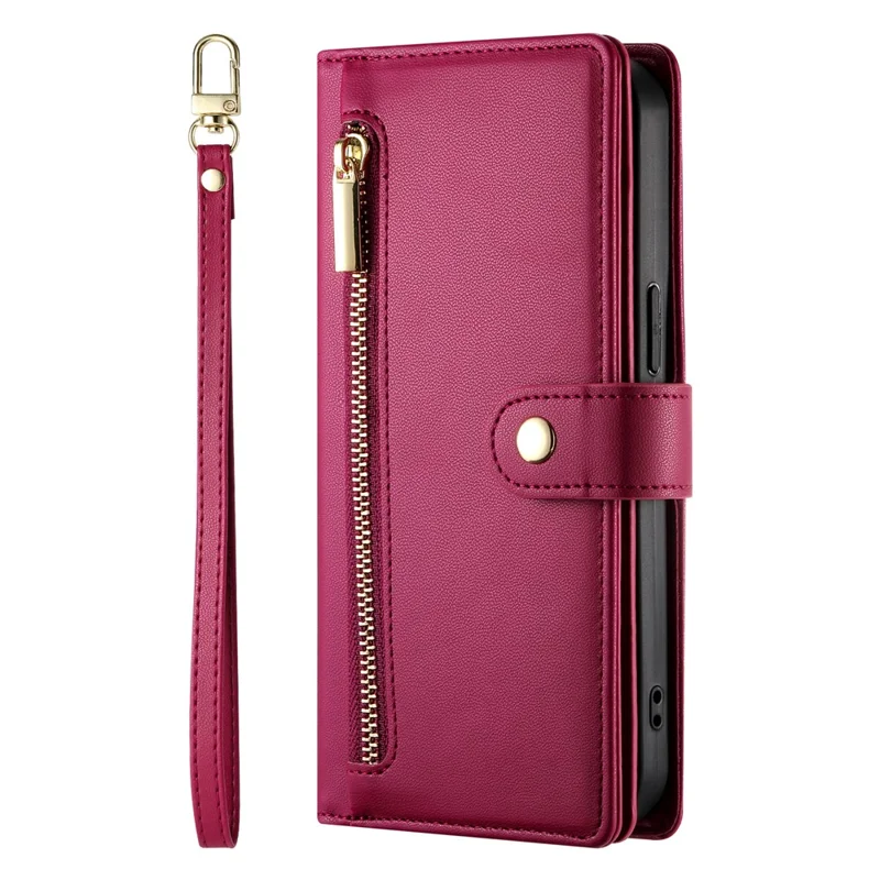 For Xiaomi Poco C95 Pro Leather Case Zipper Pocket Wallet Phone Cover with Straps - Red