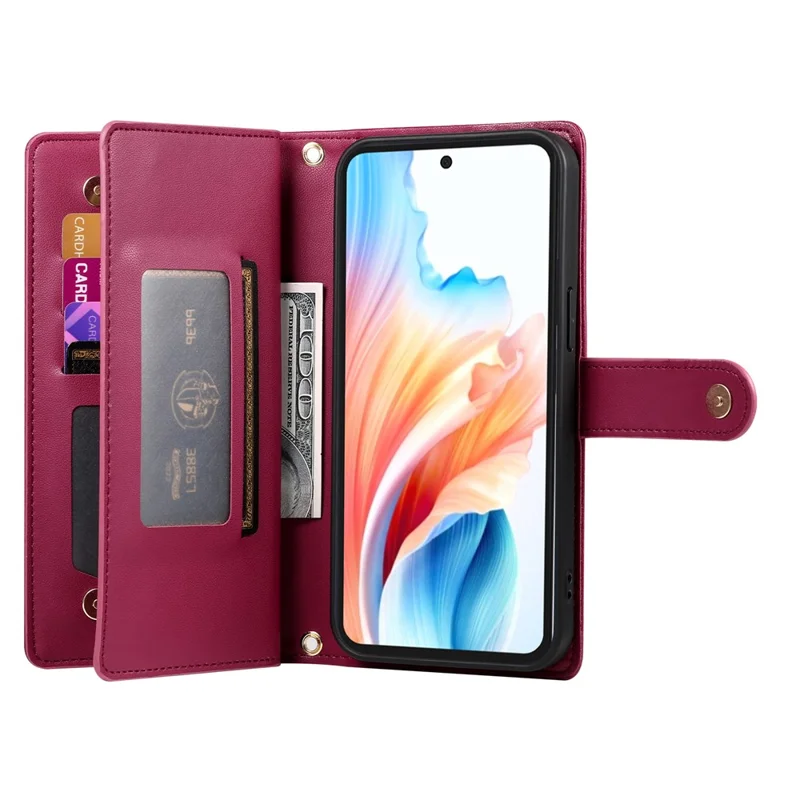 For Xiaomi Poco C95 Pro Leather Case Zipper Pocket Wallet Phone Cover with Straps - Red