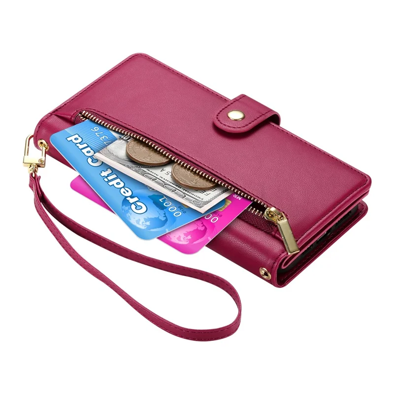 For Xiaomi Poco C95 Pro Leather Case Zipper Pocket Wallet Phone Cover with Straps - Red
