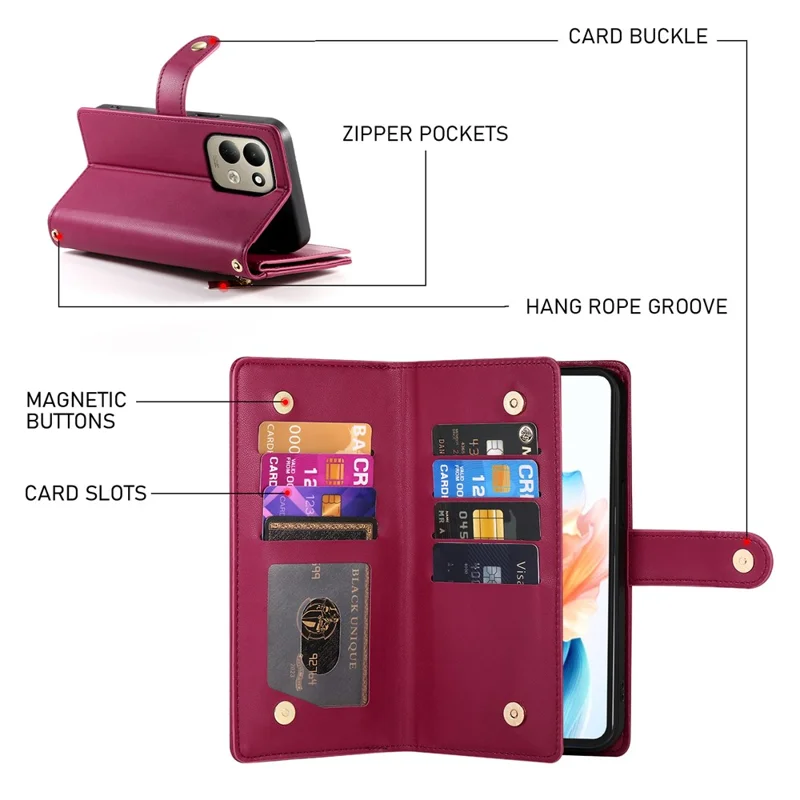 For Xiaomi Poco C95 Pro Leather Case Zipper Pocket Wallet Phone Cover with Straps - Red