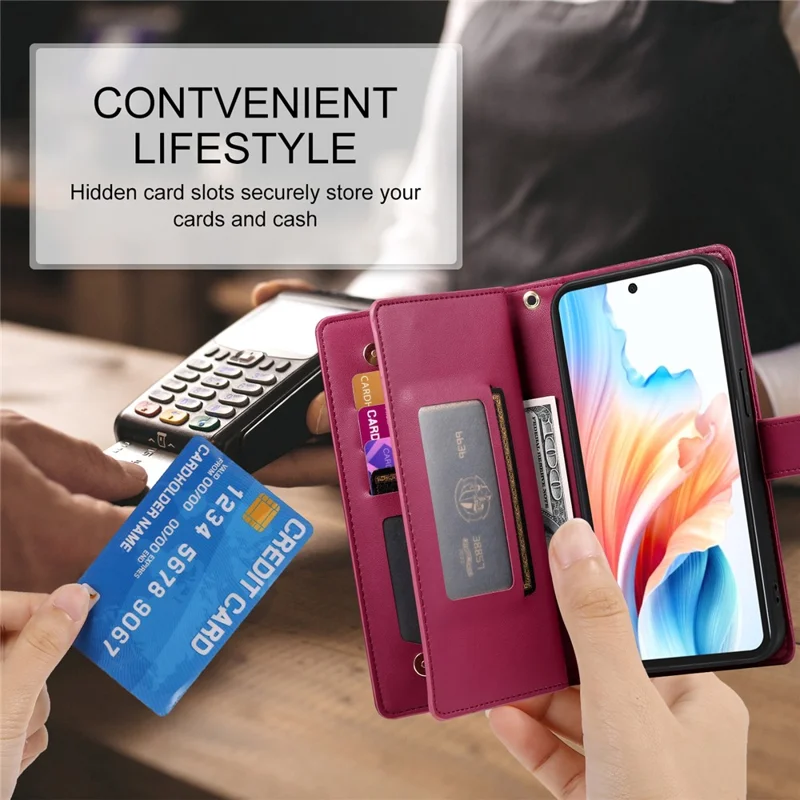For Xiaomi Poco C95 Pro Leather Case Zipper Pocket Wallet Phone Cover with Straps - Red