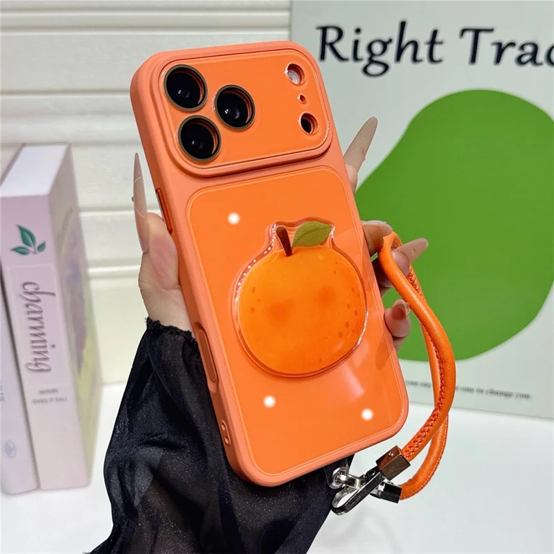 For iPhone 18 Pro Max / 17 Pro Max Case 3D Fruit Kickstand TPU + PC Phone Cover with Integrated Camera Lens Protector and Lanyard - Vibrant Orange