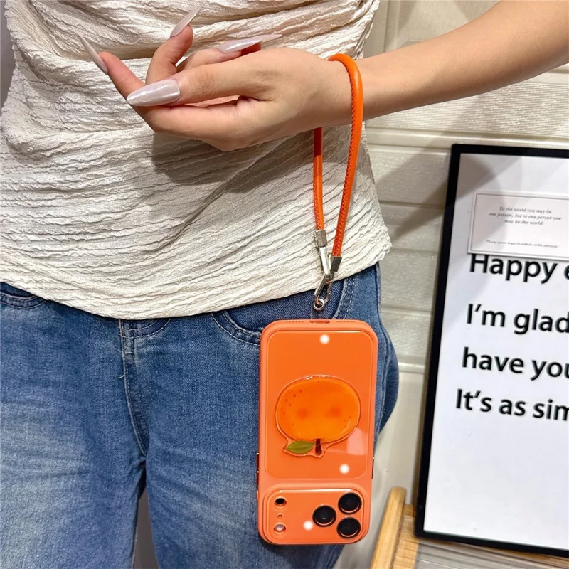 For iPhone 18 Pro Max / 17 Pro Max Case 3D Fruit Kickstand TPU + PC Phone Cover with Integrated Camera Lens Protector and Lanyard - Vibrant Orange