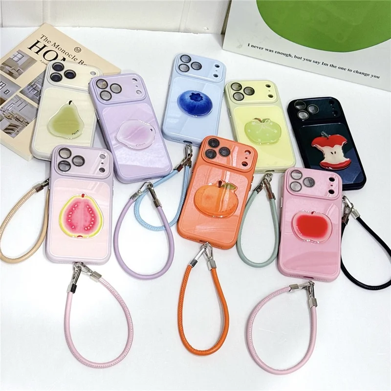 For iPhone 18 Pro Max / 17 Pro Max Case 3D Fruit Kickstand TPU + PC Phone Cover with Integrated Camera Lens Protector and Lanyard - Vibrant Orange