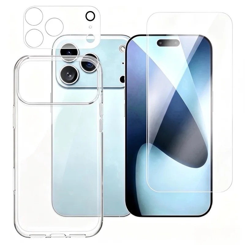 For iPhone 18 Pro Max Case Clear TPU Phone Cover with Tempered Glass Screen Protector + Camera Lens Protector Set - Transparent