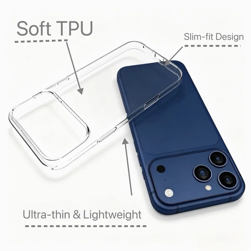 For iPhone 18 Pro Max Case Clear TPU Phone Cover with Tempered Glass Screen Protector + Camera Lens Protector Set - Transparent