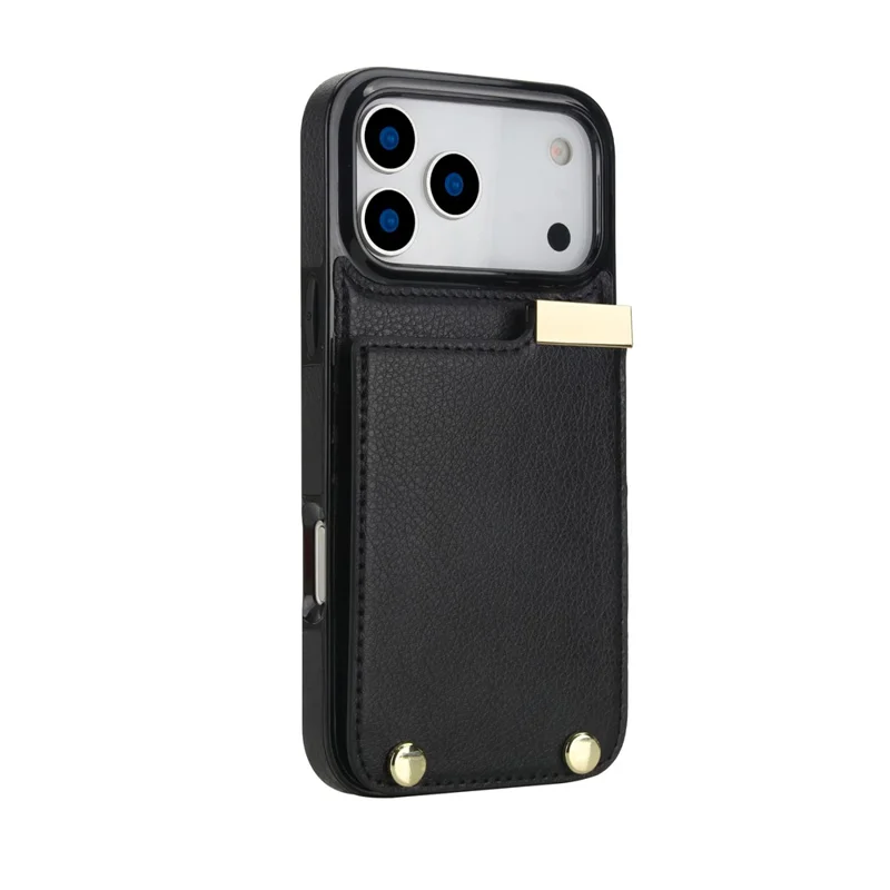 For iPhone 18 Pro Max / 17 Pro Max Case TPU + PU Leather Hardware Decor Phone Cover with Card Holder - Black