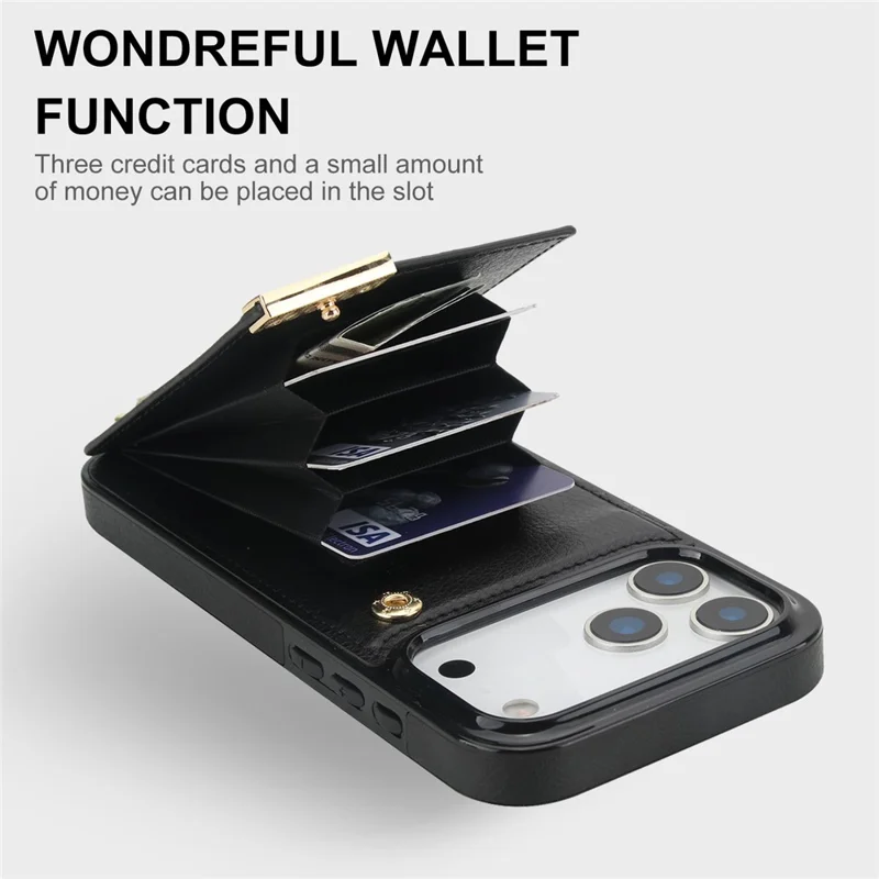 For iPhone 18 Pro Max / 17 Pro Max Case TPU + PU Leather Hardware Decor Phone Cover with Card Holder - Black