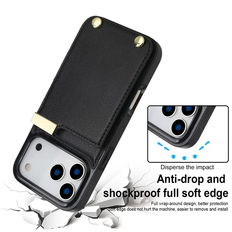 For iPhone 18 Pro Max / 17 Pro Max Case TPU + PU Leather Hardware Decor Phone Cover with Card Holder - Black
