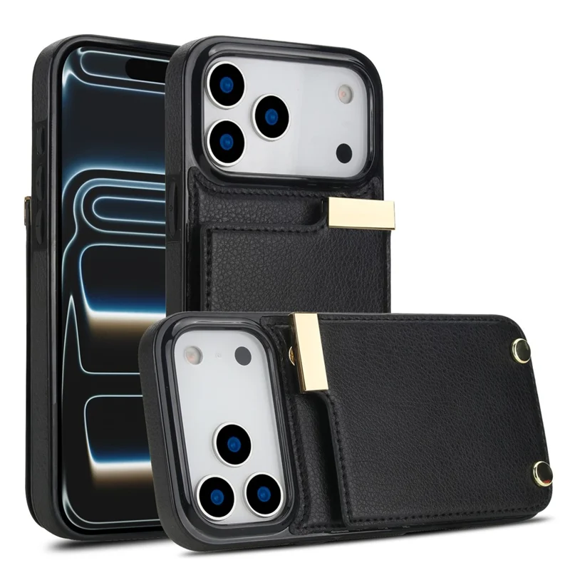 For iPhone 18 Pro / 17 Pro Case TPU + PU Leather Hardware Decor Phone Cover with Card Holder - Black
