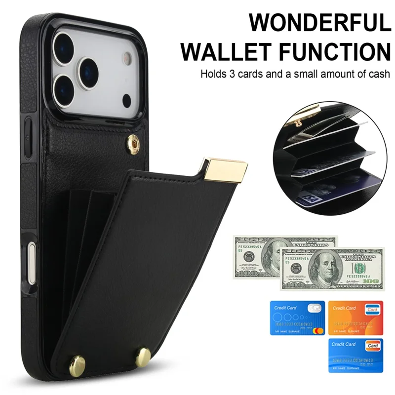 For iPhone 18 Pro / 17 Pro Case TPU + PU Leather Hardware Decor Phone Cover with Card Holder - Black