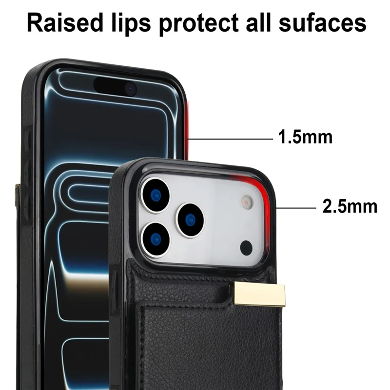 For iPhone 18 Pro / 17 Pro Case TPU + PU Leather Hardware Decor Phone Cover with Card Holder - Black