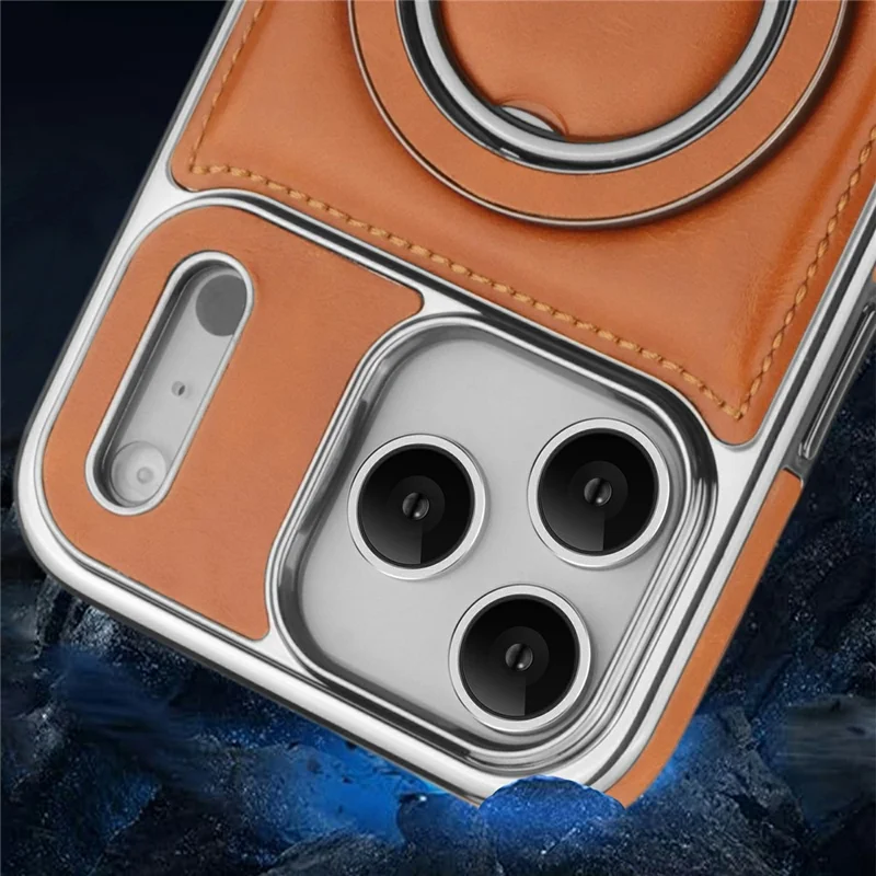 RMBMAX for iPhone 17 Pro Case Magnetic Electroplated Kickstand PU Leather + TPU Phone Cover - Dark Brown