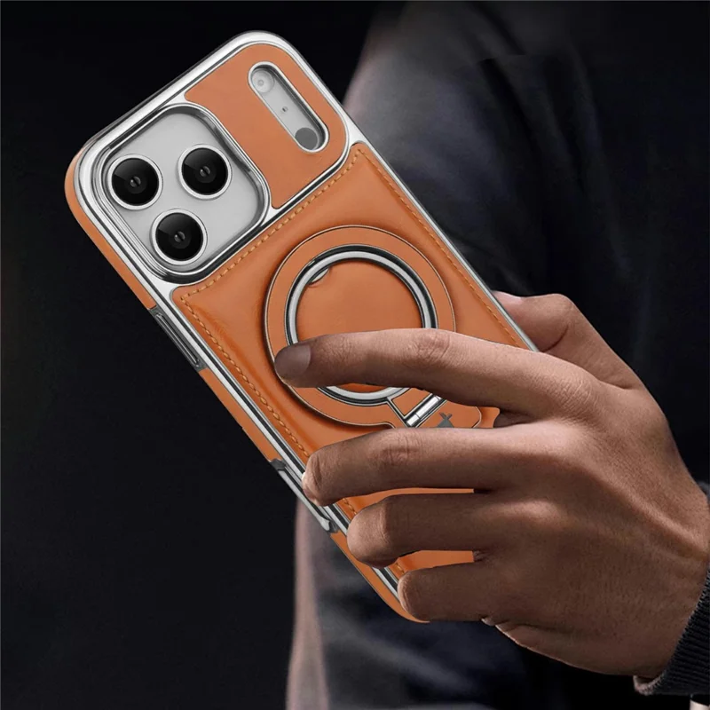 RMBMAX for iPhone 17 Pro Case Magnetic Electroplated Kickstand PU Leather + TPU Phone Cover - Dark Brown