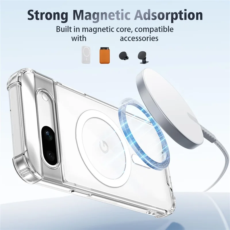 For Google Pixel 7a Magnetic Case Four-Corner Drop Protection TPU + PC Clear Phone Cover - Transparent