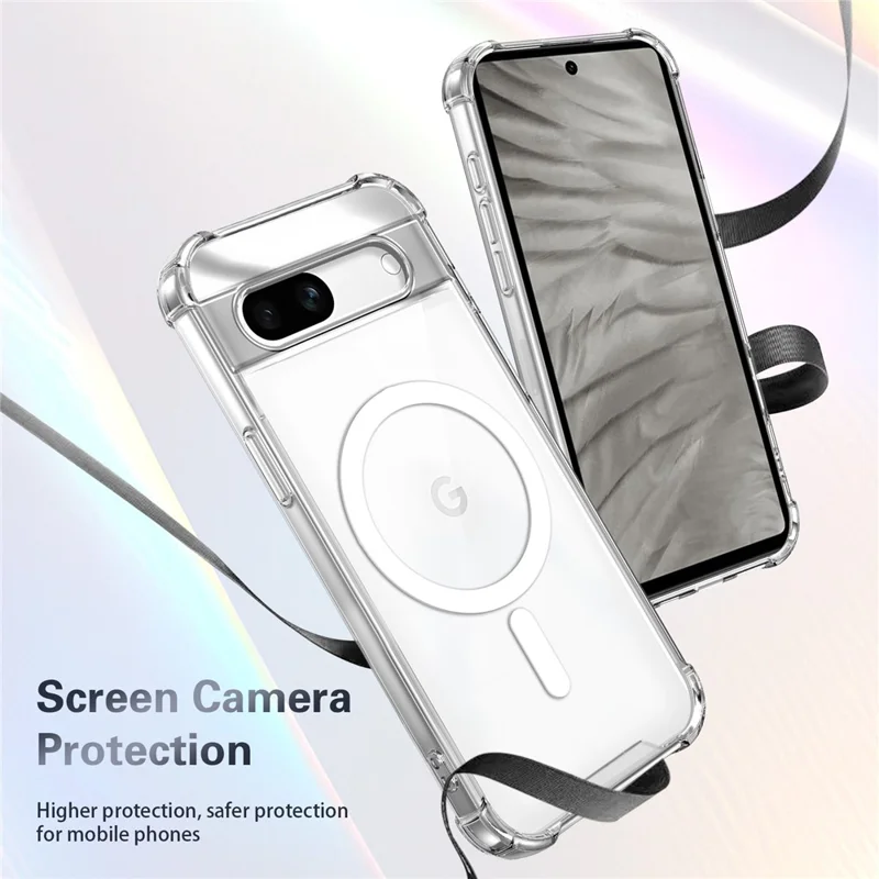 For Google Pixel 7a Magnetic Case Four-Corner Drop Protection TPU + PC Clear Phone Cover - Transparent
