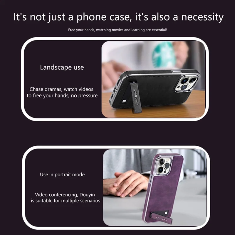 JINDUKA D22 For iPhone 14 Pro Max Case Foldable Kickstand Leather Coated PC TPU Phone Cover - Purple