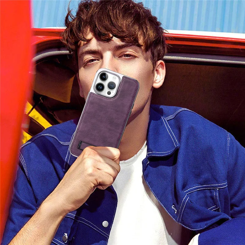 JINDUKA D22 For iPhone 13 Pro Max Case Foldable Kickstand Leather Coated PC TPU Phone Cover - Purple