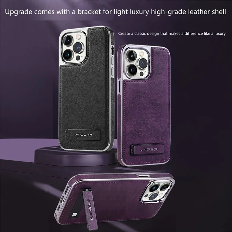 JINDUKA D22 For iPhone 13 Pro Max Case Foldable Kickstand Leather Coated PC TPU Phone Cover - Purple