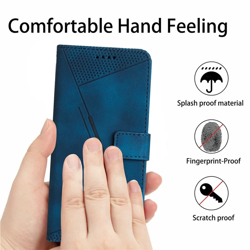 For Xiaomi Poco C95 Pro Leather Case Imprinted Triangle Phone Cover with Hand Strap - Blue