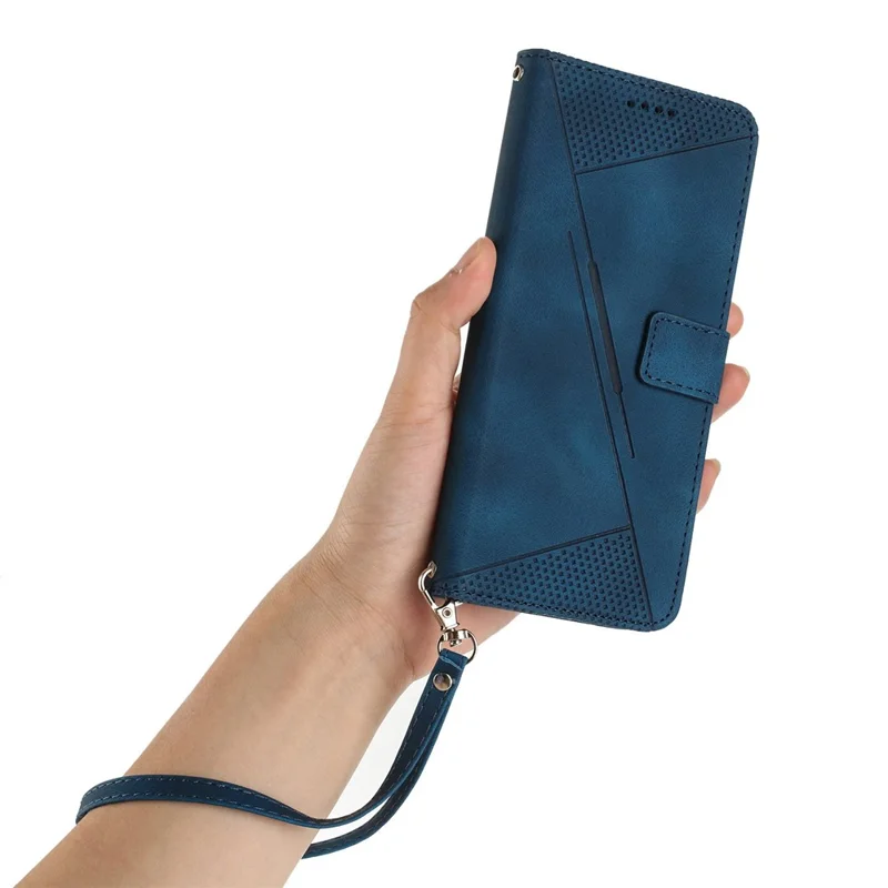 For Xiaomi Poco C95 Pro Leather Case Imprinted Triangle Phone Cover with Hand Strap - Blue
