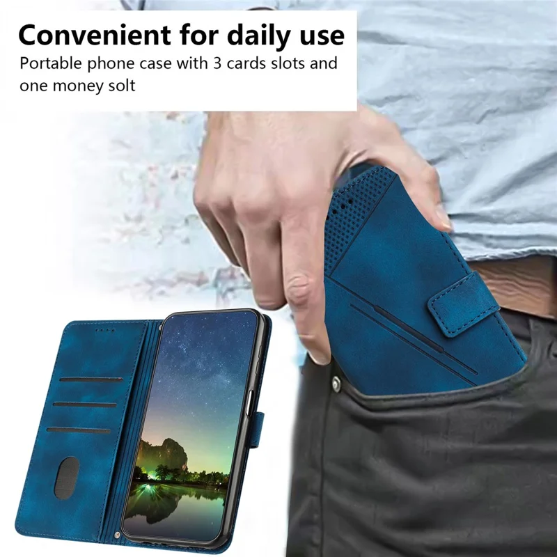 For Xiaomi Redmi Note 17 4G (Global) / Note 17 5G (Global) / Note 17 (India / China) 5G Leather Case Imprinted Triangle Phone Cover with Hand Strap - Blue
