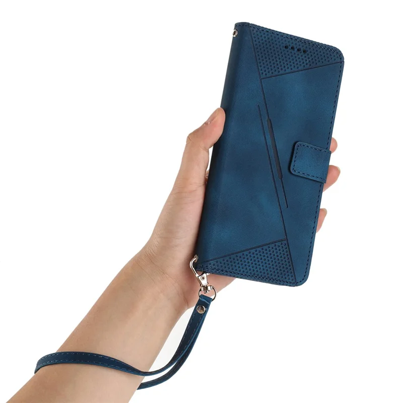 For Xiaomi Redmi Note 17 4G (Global) / Note 17 5G (Global) / Note 17 (India / China) 5G Leather Case Imprinted Triangle Phone Cover with Hand Strap - Blue
