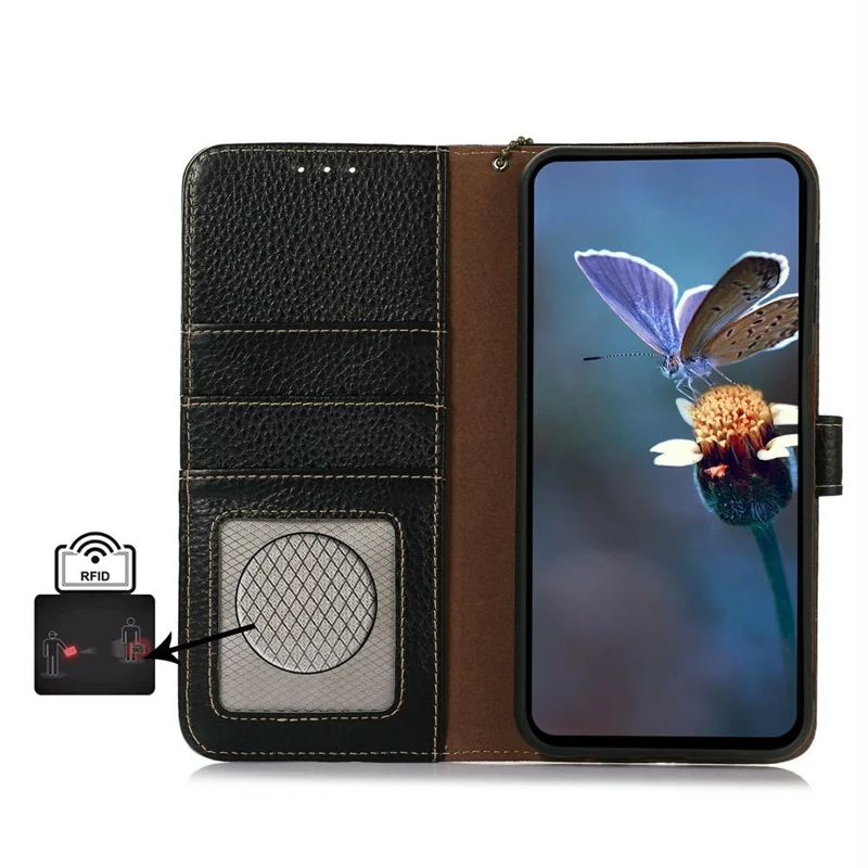 For Oppo A7 Pro Max 5G Case RFID Blocking Genuine Cow Leather Phone Cover Litchi Texture - Black