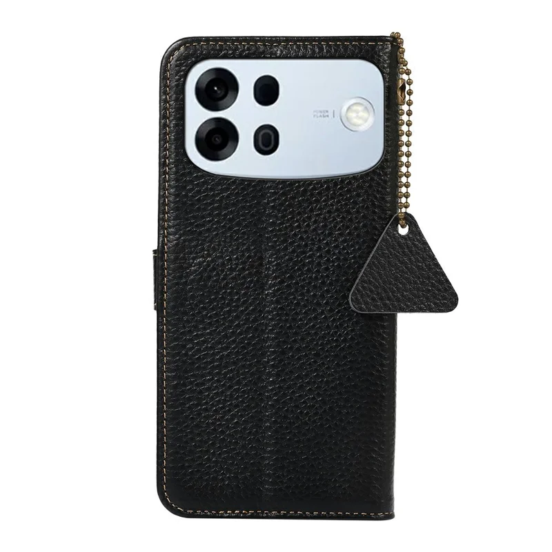 For Oppo A7 Pro Max 5G Case RFID Blocking Genuine Cow Leather Phone Cover Litchi Texture - Black