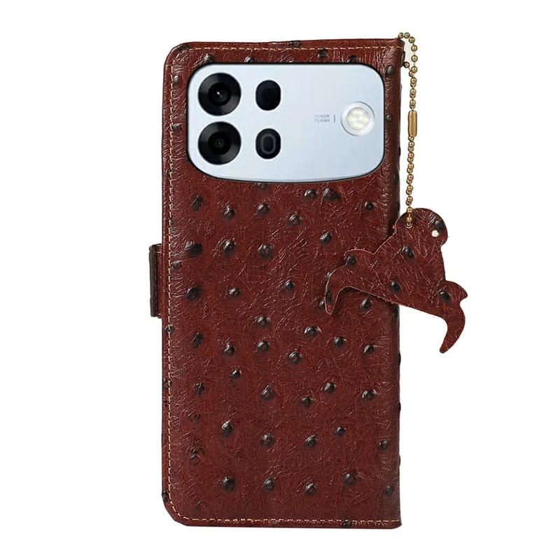 For Oppo A7 Pro Max 5G Case RFID Blocking Genuine Cow Leather Phone Case Ostrich Texture - Coffee