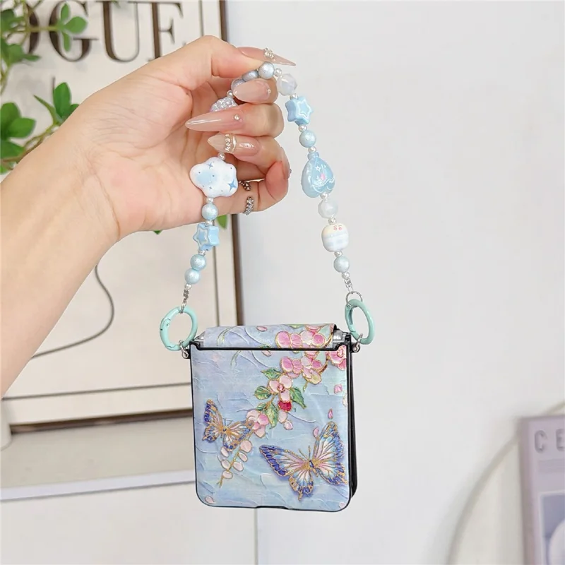 For Samsung Galaxy Z Flip8 Magnetic Case Butterfly Pattern Phone PC Cover with Beaded Hand Chain Strap - Blue
