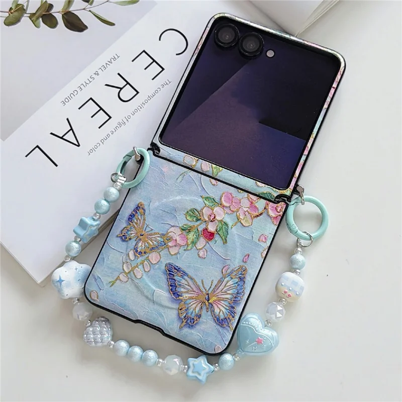 For Samsung Galaxy Z Flip8 Magnetic Case Butterfly Pattern Phone PC Cover with Beaded Hand Chain Strap - Blue