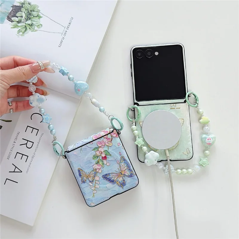 For Samsung Galaxy Z Flip8 Magnetic Case Butterfly Pattern Phone PC Cover with Beaded Hand Chain Strap - Blue