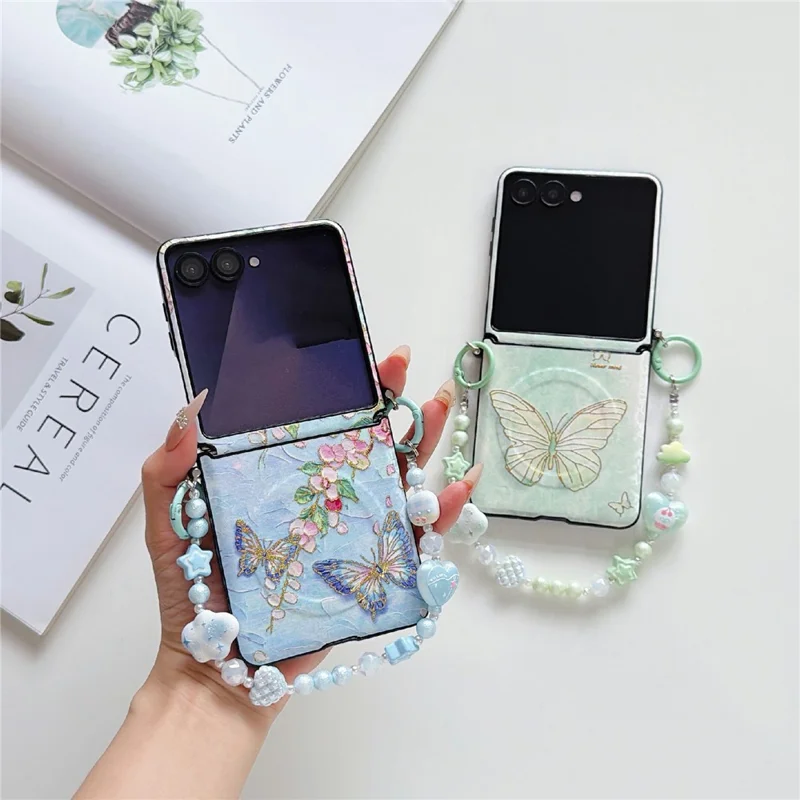 For Samsung Galaxy Z Flip8 Magnetic Case Butterfly Pattern Phone PC Cover with Beaded Hand Chain Strap - Blue