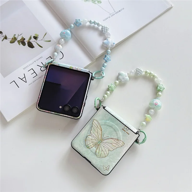 For Samsung Galaxy Z Flip8 Magnetic Case Butterfly Pattern Phone PC Cover with Beaded Hand Chain Strap - Blue