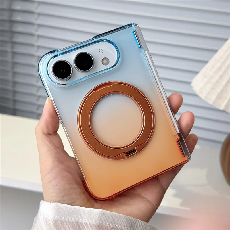 For iPhone Duo Case Rotating Kickstand Gradient Clear PC Shockproof Folding Phone Cover - Orange