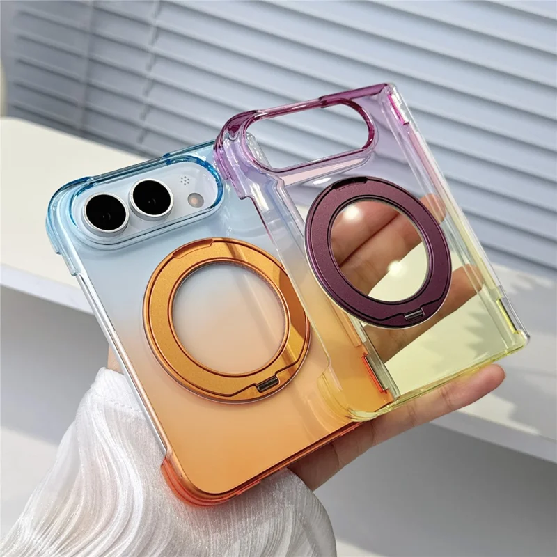 For iPhone Duo Case Rotating Kickstand Gradient Clear PC Shockproof Folding Phone Cover - Orange